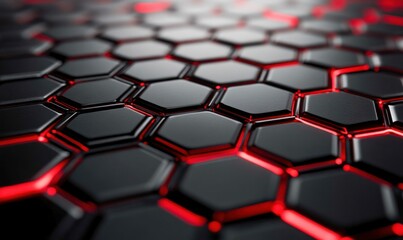 Fototapeta premium Abstract dark hexagonal grid with red glowing edges creates a modern tech background.