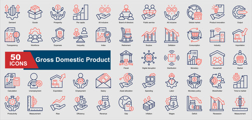 A collection of line color Gross Domestic Product icons. Includes revenue, inflation, GDP growth, fiscal policy, market trends, and more. Perfect for illustrations and designs.