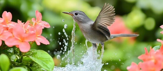 Obraz premium Bird drinking water from fountain surrounded by flowers
