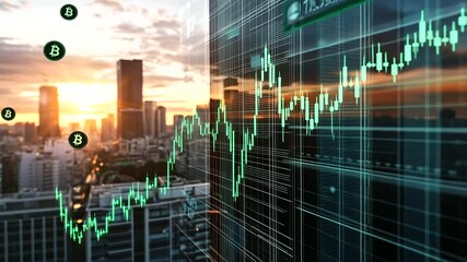 A D financial chart floating above a city skyline at sunset, the upward trend highlighted with glowing green lines, Bitcoin and blockchain icons drifting across the scene - Powered by Adobe