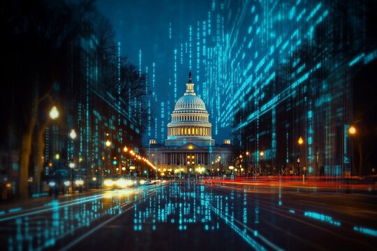 Digital data and binary code overlaid on capitol building in washington, d.cconceptual design - Powered by Adobe
