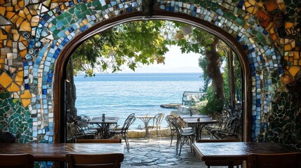Mosaic archway frames beautiful ocean view.