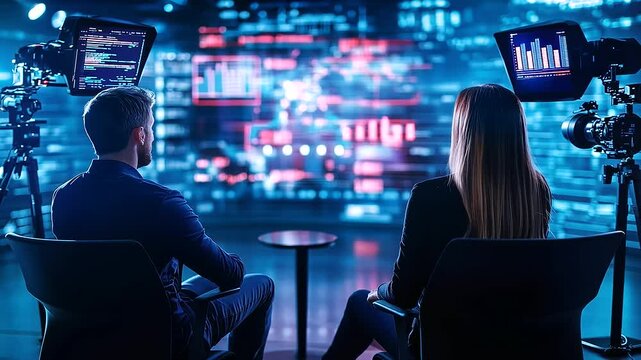 Two people engaged in a serious interview under warm studio lights, modern K cameras rolling, blurred abstract background with moving media graphics and holographic news tickers
