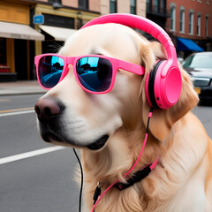 Golden retriever dog wearing sunglasses and headphones created by Generative AI