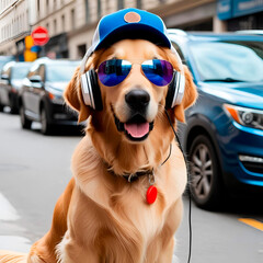 Golden retriever dog wearing sunglasses and headphones created by Generative AI