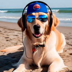 Golden retriever dog wearing sunglasses and headphones created by Generative AI