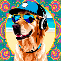 Golden retriever dog wearing sunglasses and headphones created by Generative AI