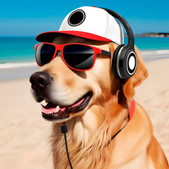 Golden retriever dog wearing sunglasses and headphones created by Generative AI