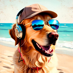 Golden retriever dog wearing sunglasses and headphones created by Generative AI