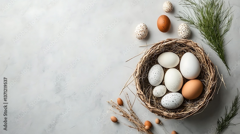 Poster easter eggs in a nest on a light surface