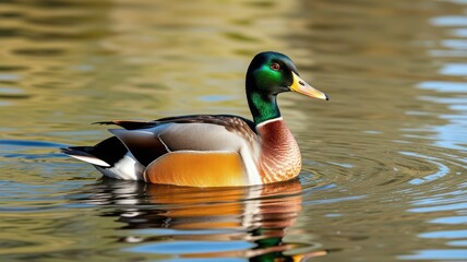 Obraz premium Mallard duck swims gracefully on a serene pond surrounded by natural beauty during daylight hours
