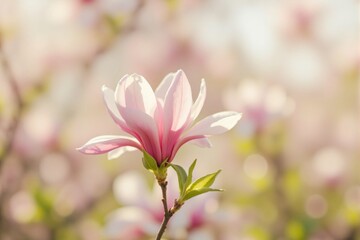 Fototapeta premium Pink magnolia flower blooming in soft sunlight background 