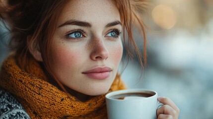 Winter Day Dream: A Redhead Woman Enjoys a Warm Beverage