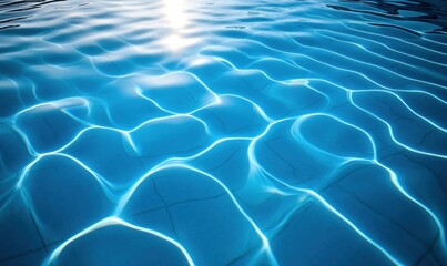 Sunlight dances on the surface of the pristine blue pool water, creating an abstract pattern.