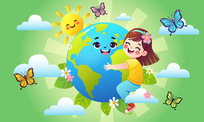 Naklejka premium A cheerful child hugging a globe with a loving and caring expression, symbolizing love and protection for Earth. Earth day