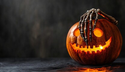 Spooky Halloween Jack-o'-lantern with a skeletal hand resting on top. Glowing from within, set against a dark background. #halloween #jackolantern #spookyseason