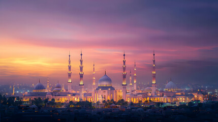 Obraz premium Illuminated Mosque At Sunset Skyline View