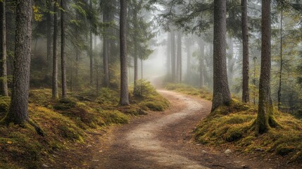 Fototapeta premium A misty forest with towering pine trees and a mysterious winding trail.