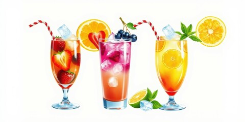 Colorful mixed drinks displayed on a white background with fresh fruits and ice cubes for a summer vibe