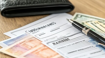 Obraz premium A neatly arranged travel insurance form with currency notes and a wallet.