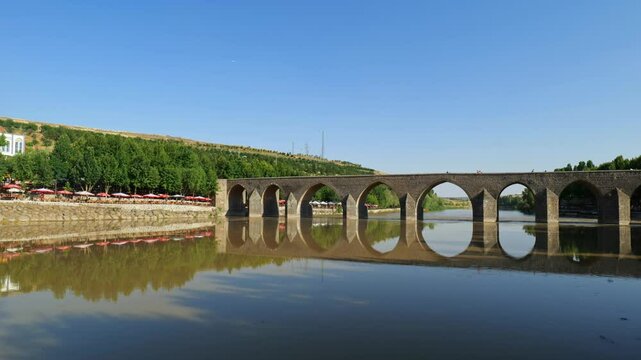 The Dicle Bridge, or On Gozlu Bridge in Turkish. It's a historic bridge in Diyarbakir over the river Tigris in southeastern Turkey.
