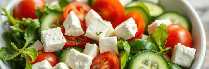 Fresh salad with cherry tomatoes, cucumber, and feta cheese in a bowl on a kitchen counter