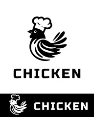 A creative black and white chicken logo featuring a chef hat, symbolizing a culinary theme, ideal for restaurant branding, food industry, poultry business, grilled chicken, fried chicken