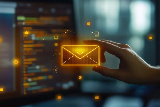 Businessman interacting with email icon in an office setting featuring a vibrant yellow theme