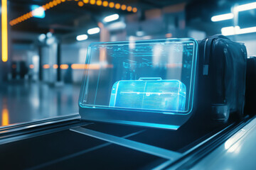 Futuristic airport security scanner detecting luggage content with hologram interface
