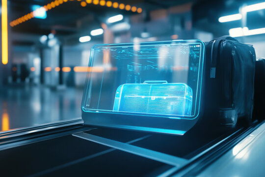 Futuristic airport security scanner detecting luggage content with hologram interface