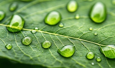 Experience the serene beauty of water droplets resting on a vibrant green leaf in extreme detail.