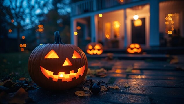 Spooky season vibes! A glowing jack-o'-lantern sits on a porch, casting an eerie glow on the autumn leaves.