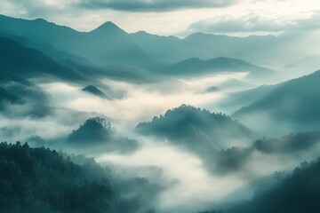Obraz premium Misty mountains with rolling fog and soft light, creating a mystical and ethereal atmosphere