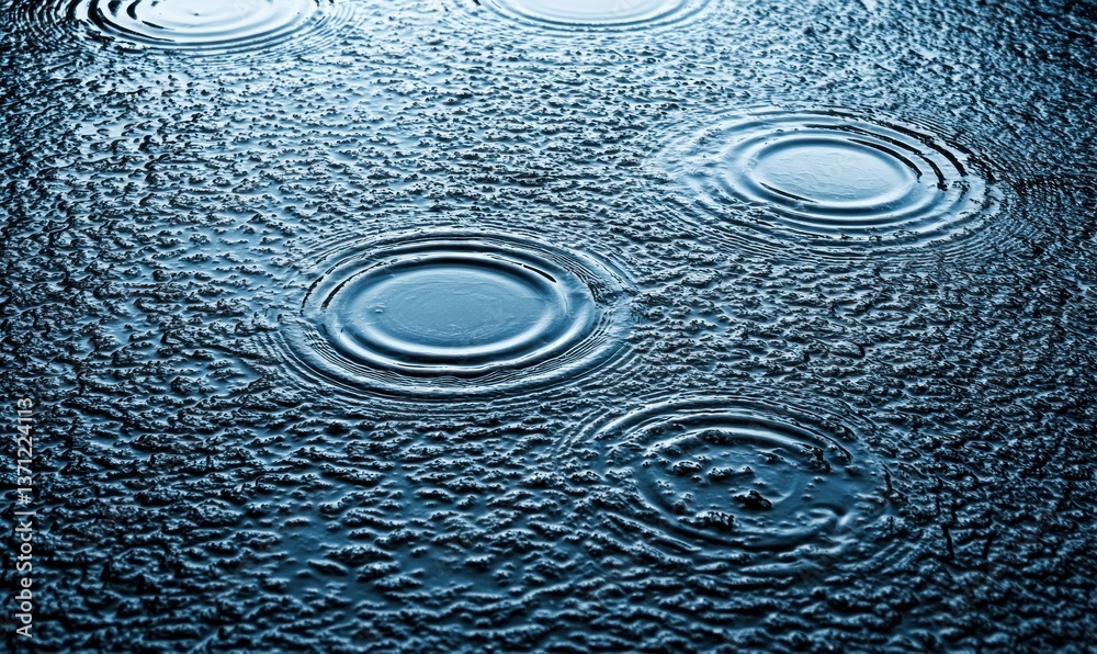 Poster raindrops forming circular patterns on a wet ground, creating an abstract and serene atmosphere.