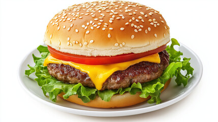 A Plate of Juicy Beef Cheese Burger with Lettuce and Tomato, Isolated on White Background