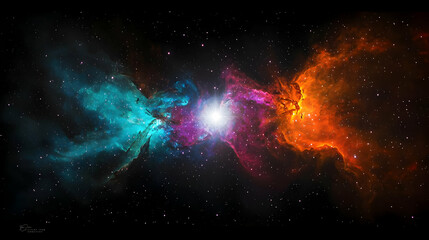 Fototapeta premium Colorful Nebula With Shining Star Clusters Against Dark Background Showing Cosmic Fantasy