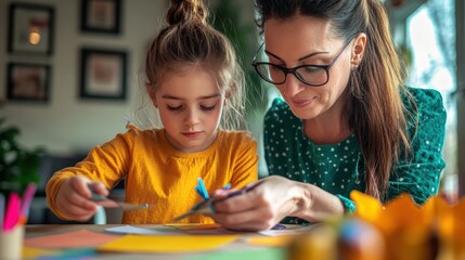 Fototapeta premium A mother is assisting a child with a crafting project at a table