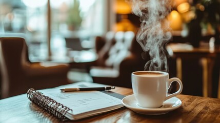 A travel itinerary planner next to a steaming cup of coffee on a hotel desk.