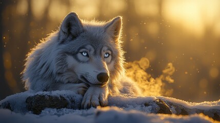 Obraz premium Relaxing wolf in golden sunlight