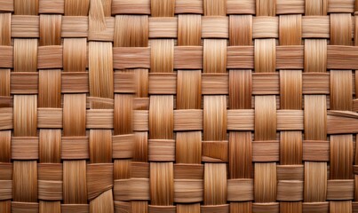Close-up of a light brown woven texture reveals the intricate patterns of natural plant fibers.