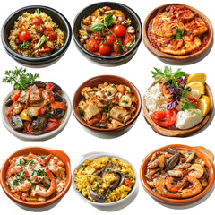 A vibrant collage of isolated Mediterranean cuisine dishes showcasing diverse flavors and ingredients from the region, Isolated png mediterranean cuisine dishes collage
