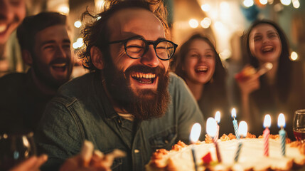 Fototapeta premium Cropped view caucasian adult happy bearded man celebrate birthday at home diverse african caucasian friends congratulate male with festive cake blowing party whistles make surprise annual tradition