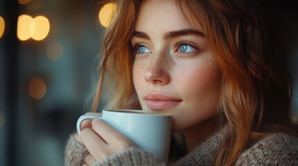 Woman with freckles enjoying a warm drink in a cozy cafe, lost in thought, looking towards the window, bathed in warm light, winter atmosphere.