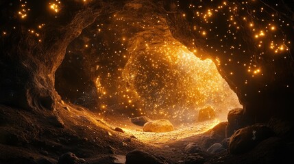 Magical glowing cave entrance with sparkling particles.