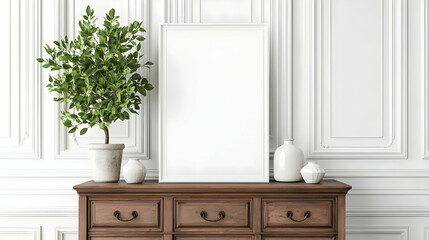 White Frame Mockup On Wooden Dresser In Elegant Room