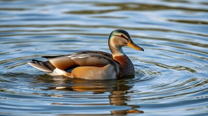 Mallard duck swimming serenely in a tranquil pond during late afternoon