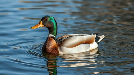Fototapeta premium Colorful mallard duck swimming in calm water reflecting soft light