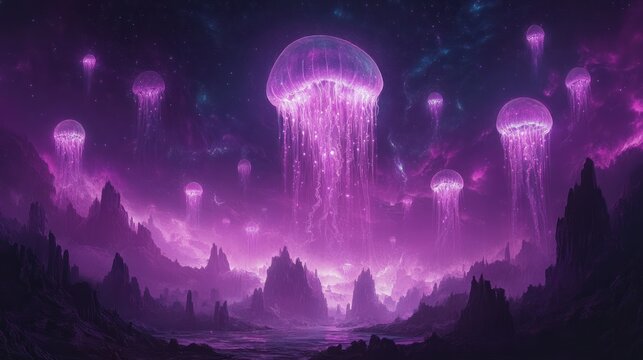 A vibrant purple sky with floating, jellyfish-like creatures drifting above