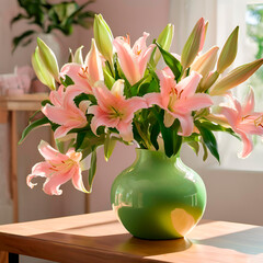green vase with pink lilies under window light, created by Generative AI