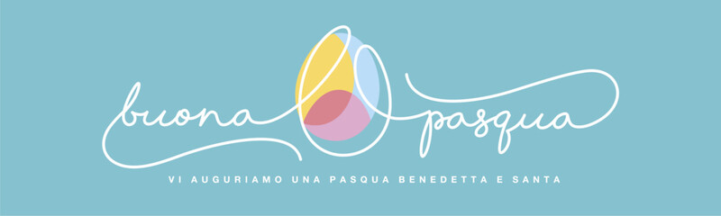 Happy Easter greeting card on Italian language. Happy Easter continuous handwritten calligraphy lettering line design and colorful Easter egg in the middle on sea green background